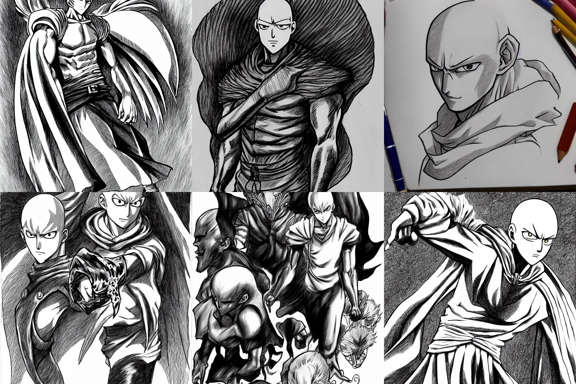 Prompt: Saitama drawn in the style of Kentaro Miura