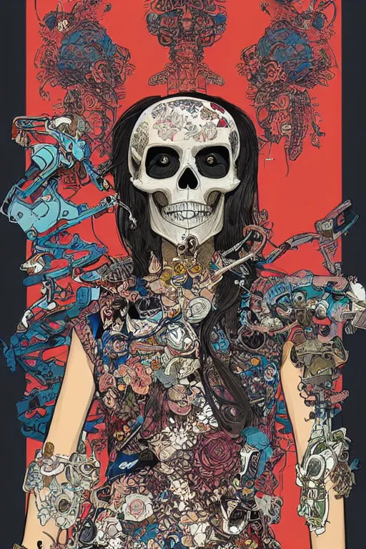 Prompt: beautiful skull cyborg girl female illustration detailed patterns art of thai traditional dress, pop art, splash painting, art by geof darrow, ashley wood, alphonse mucha, makoto shinkai