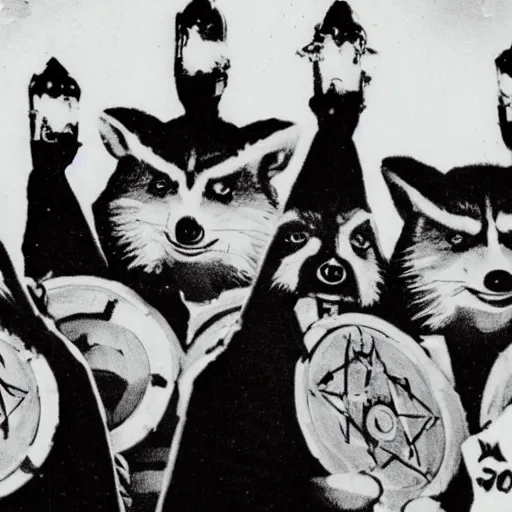 Image similar to 1 9 8 0's sci - fi movie still, a group of sinister evil raccoons wearing dark evil cult robes perform an evil ritual standing in a circle around a piece of pizza on top of a pentagram, dramatic candlelight