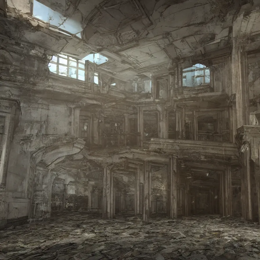 Prompt: liminal space, strange architecture interior, slightly unsettling place, rendered in unreal engine 5, hyperrealistic interior, feeling lost in an abandoned building, clean, unreal vision