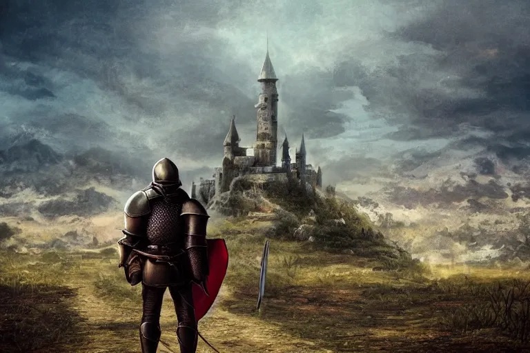 Image similar to a knight that is lost in the middle of nowhere, a city is seen but is far away from him