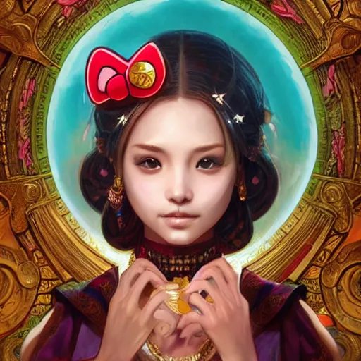 Image similar to portrait of Hello Kitty in ancient Java, D&D, MtG art,fantasy, intricate, elegant, highly detailed, digital painting, artstation, concept art, smooth, sharp focus, illustration, art by artgerm and greg rutkowski and alphonse mucha