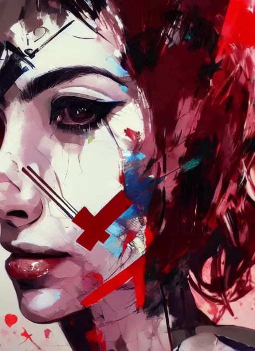 Image similar to a beautiful abstract side portrait painting of a nurse. she has a red painted cross in her forehead. art by yoji shinkawa and sandra chevrier, trending on artstation, award - winning, perfect composition.