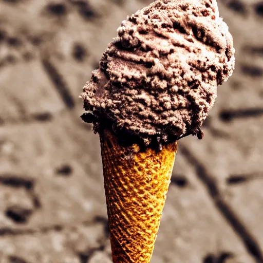 Image similar to macro photo of an ice cream cone covered in dirt and hair