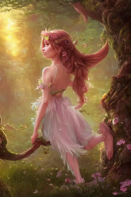 Image similar to a cute fairy in the dreamy forest, fantasy, 8 k resolution, hyper detailed, d & d, character design, digital painting, trending on artstation, sharp focus, illustration, art by artgerm, steve zheng, fuji choko, viktoria gavrilenko, hoang lap