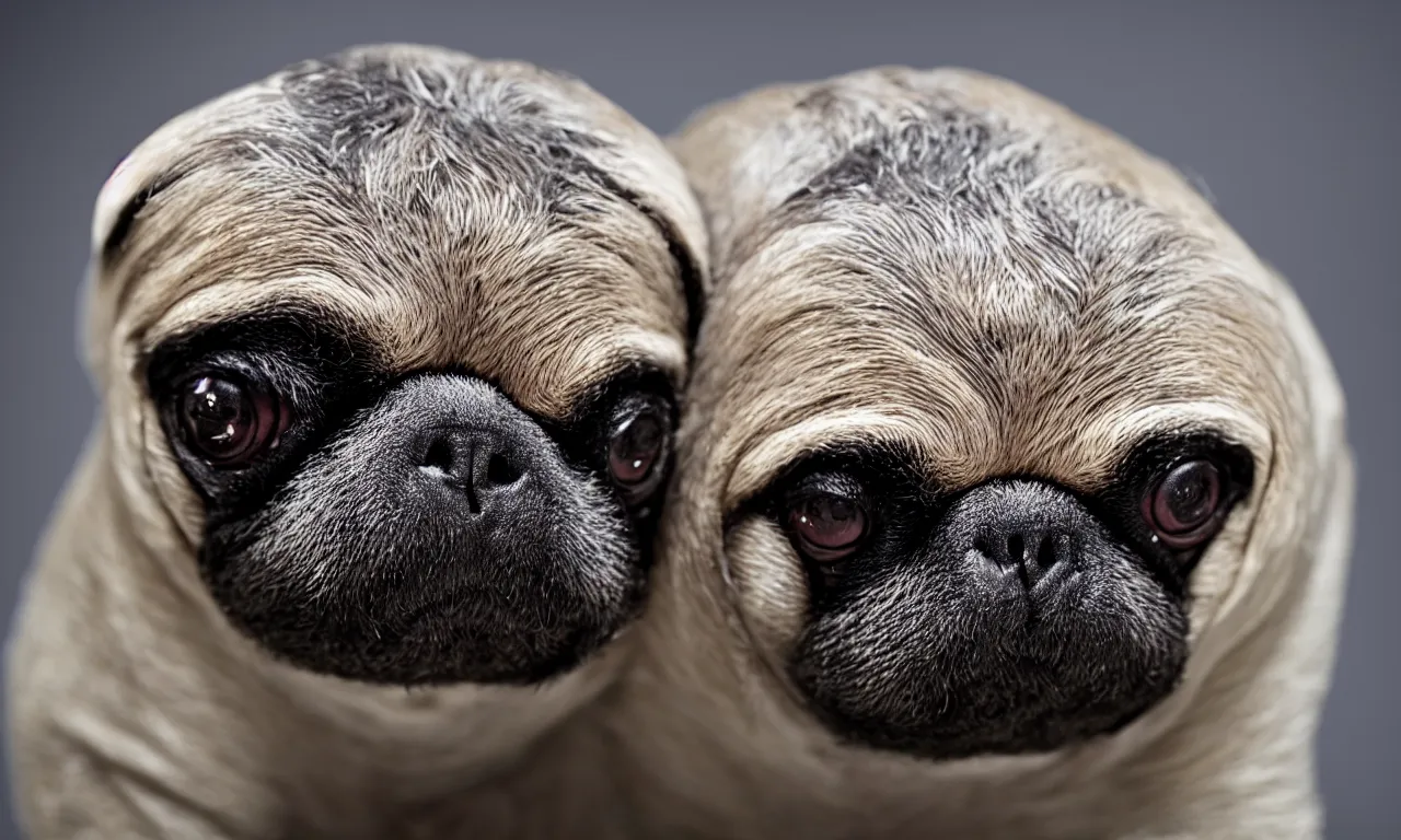 Image similar to sloth cross pug hybrid, chymera, in laboratory panoramic, wide depth of field, 8 k