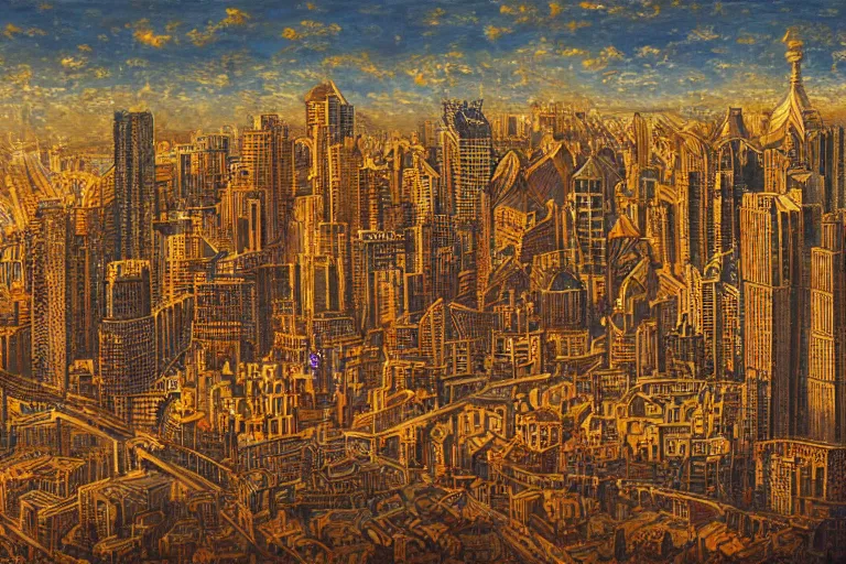 Prompt: city of golden shadows, intricate detailed painting, cityscape