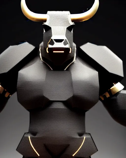 Image similar to a full body shot of an imposing cyborg bull modeled after a bull looking into the camera, contrast lighting, black skin!!!, intricate pattern, hard rubber chest, highly detailed, android, cyborg, full body shot, intricate, 3 d, symmetrical, octane render, fantasy, highly detailed, digital art, artstation, strong bokeh, black face