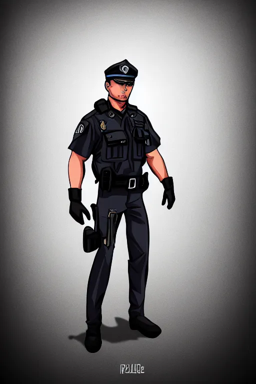 Image similar to police officer posing like super hero, highly detailed, digital art, sharp focus, trending on art station, anime art style