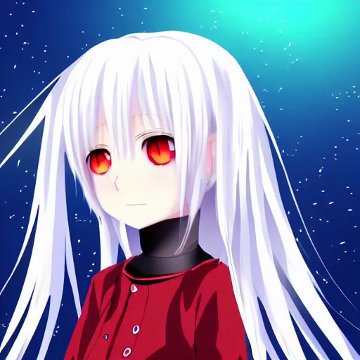 Prompt: white hair red eyes two small horn on the head anime style anime girl, stars background