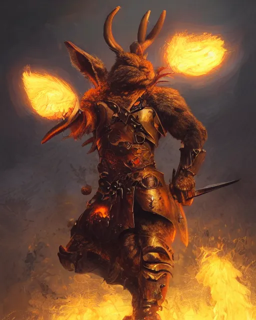 Image similar to oil painting of Angry Anthropomorphized Rabbit Berserker, wearing armor, claws, sharp focus, attack pose, fantasy style, octane render, volumetric lighting, 8k high definition, by greg rutkowski, highly detailed, trending on art Station, magic the gathering artwork, burning Battlefield background, centered