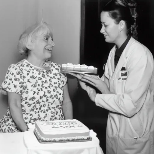 Prompt: photograph of a nurse giving a patient a birthday cake