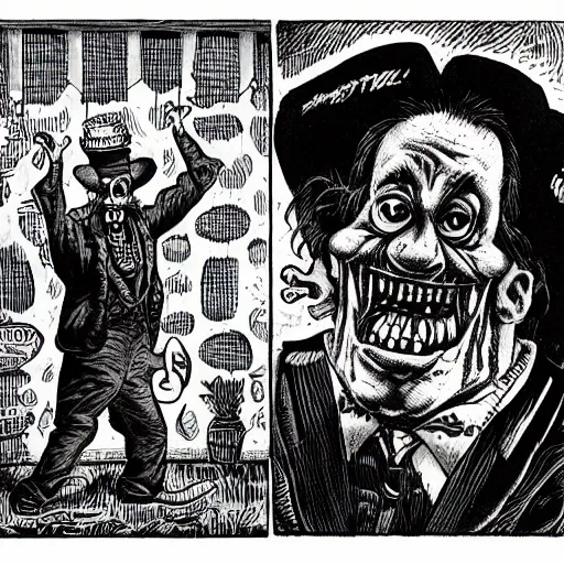 Image similar to a scary horror themed goofy-hilarious-character r-Crumb, dime-store-comic drawn with charcoal and pen and ink, half-tone-line-stacking