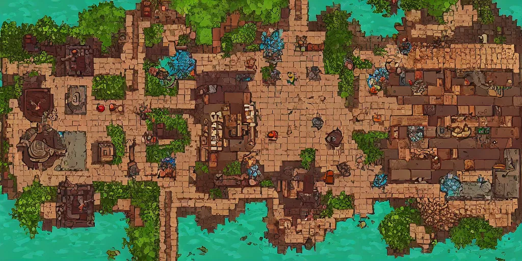 Prompt: A high detailed vector art presenting an aerial view of a RPG tavern by dungeondraft, dofus, Patreon content, containing tables and walls, HD, straight lines, vector, grid, dnd map, map patreon, fantasy maps, foundry vtt, fantasy grounds, aerial view ,dungeondraft , tabletop, inkarnate, dugeondraft, roll20