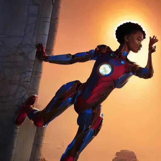 Image similar to highly detailed an african american woman in with the ironman suit from the future gta v, stephen bliss, unreal engine, fantasy art by greg rutkowski, loish, rhads, ferdinand knab, makoto shinkai and lois van baarle, ilya kuvshinov, rossdraws, tom bagshaw, global illumination, radiant light, detailed and intricate environment