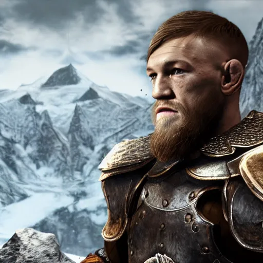 Prompt: attacking screenshot of conor mcgregor in skyrim, elf armor, ps 3 graphics, npc talking, wilderness, 1 0 8 0 p, bokeh, elder scrolls v, detailed, dialog text