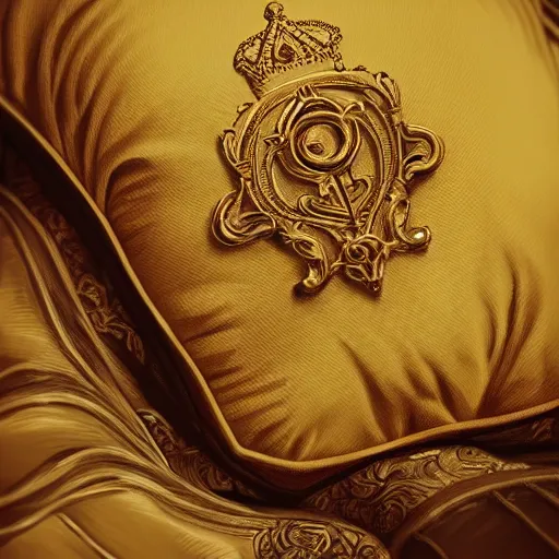 Image similar to A crown on a pillow in a regal setting, Close up, details, sharp focus, elegant, highly detailed, illustration, intricate, beautiful, trending artstation, pixiv, digital art, horror, golden ratio, by Mandy Jurgens, Irina French, and Heraldo Ortega