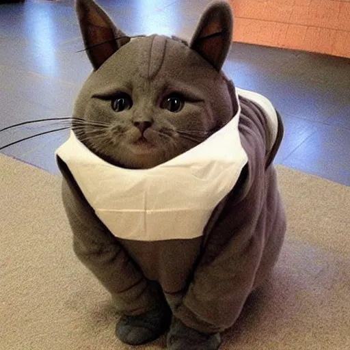 Image similar to a cat wear a totoro costume