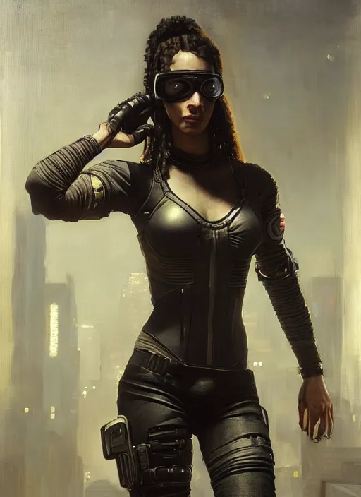 Prompt: Maria. beautiful cyberpunk assassin wearing a military vest and military stealthsuit (cyberpunk 2077). gorgeous african face. Iranian orientalist portrait by john william waterhouse and Edwin Longsden Long and Theodore Ralli and Nasreddine Dinet, oil on canvas. Cinematic, hyper realism, realistic proportions, dramatic lighting, high detail 4k