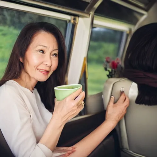 Prompt: beautiful woman 40 old year sit on coach and drink green tea