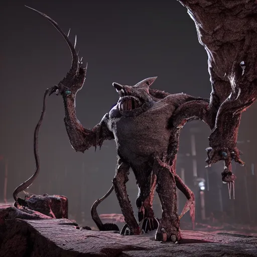 Prompt: tall bipedal creature in the darkness, claws, large long pointy teeth, drooling, shadowy cavern, highly intricate, detailed, 8 k, octane render