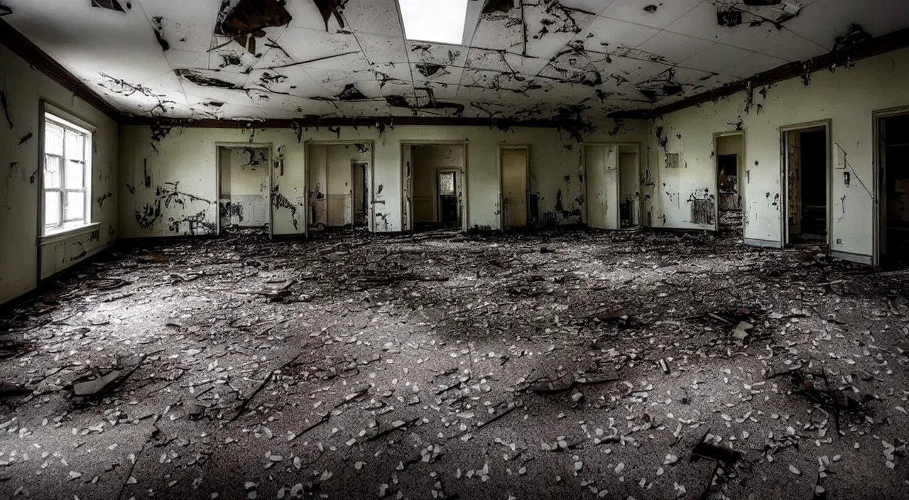 Prompt: photograph of the inside of a rotting abandoned hospital with a checkered floor, dark, no windows, horror | joe biden barely in view in the corner with a demonic grin on his face