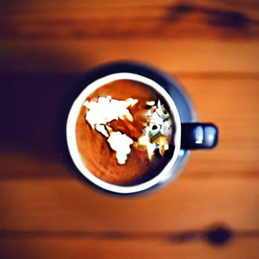 Image similar to Photo of the world map drawn in a cup of coffee sitting over a wooden table, award-winning, 35mm camera, amazing, pinterest