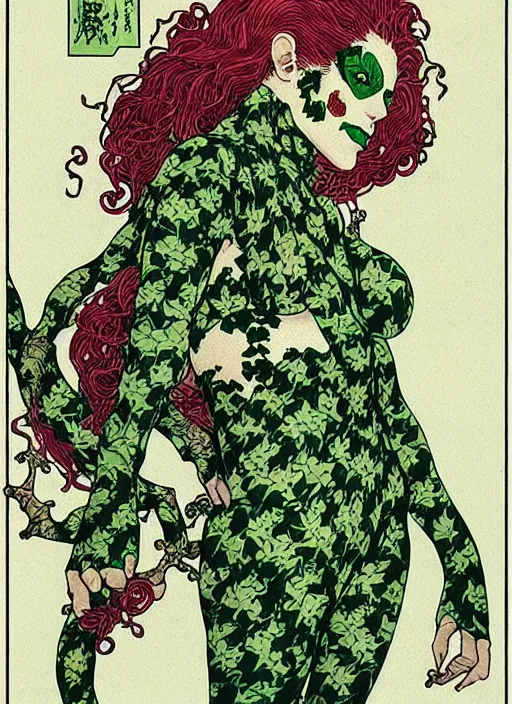 Prompt: poison ivy has the joker tied up in vines, intricate, art nouveau, art by takato yamamoto