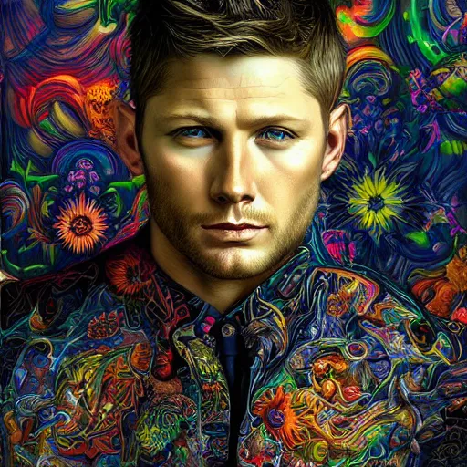 Image similar to portrait of jensen ackles, hyper detailed masterpiece, neon floral pattern, jean giraud, digital art painting, darkwave goth aesthetic, psychedelic, artgerm, donato giancola and tom bagshaw