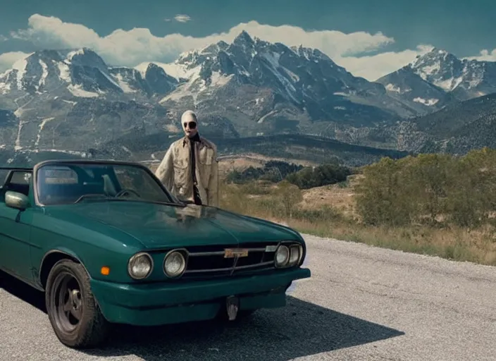 Image similar to a very high resolution image from a new movie, eminem driving a car. mountains, directed by wes anderson