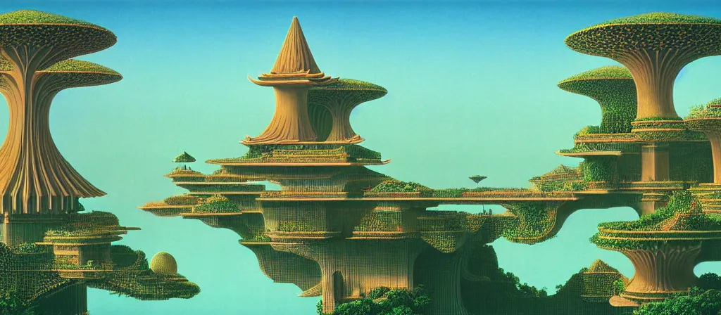 Prompt: huge gargantuan angular dimension of pagoda liminal spaces, temples by escher and ricardo bofill. utopian singaporean landscape by roger dean. magical realism, surrealism, lush sakura trees, waterfalls, thunder, lightning, vaporwave, trending on artstation, shot from below, epic scale, by james jean