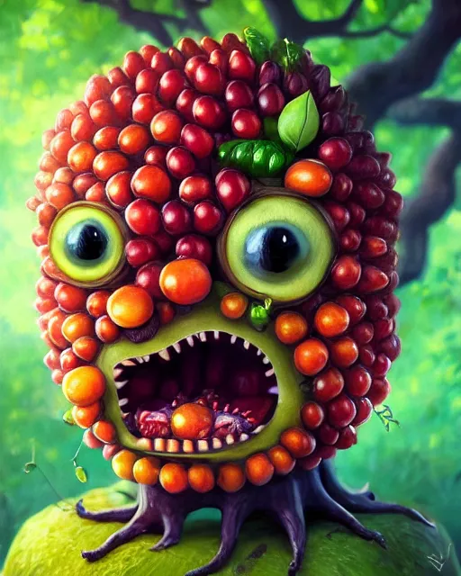 Prompt: portrait of a fruit figurine monster made of different fruit, standing in a forest, staring eyes, open mouth, trees in the background, sunlight, oil painting, highly detailed, dramatic lighting, hyperrealistic, 8 k, smooth, intricate, artstation, cgsociety, by artgerm, by wlop