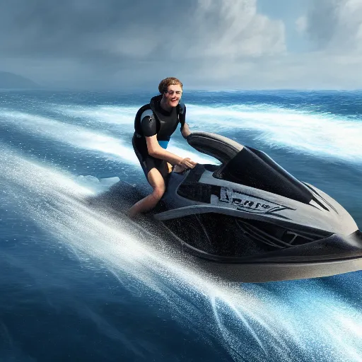 Image similar to Mark Zuckerberg riding a jetski out on the open ocean, water splashing behind him as he's speeding by, ripples in the water, hyperdetailed, artstation, cgsociety, 8k