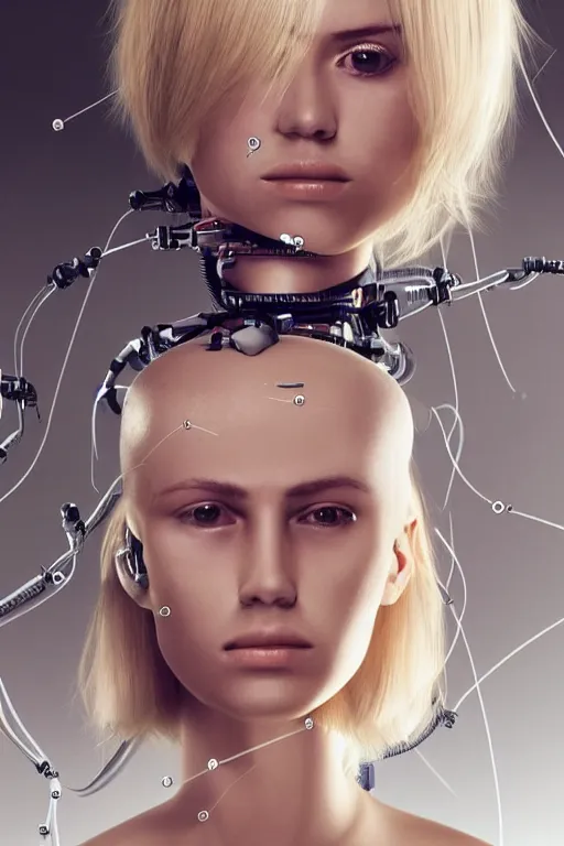 Image similar to robot with human face, female head, full body angle, woman human face, human face realistic, beautiful blonde hair, human head, human head with blonde hair, blonde hair human head, blonde hair, human realistic face, human head skin, cyborg frame concept, cyborg by ales-kotnik, sci-fi android female, the body is made of wires, robotic body, cyborg body, cyborg bust body, robot body cyborg, full body