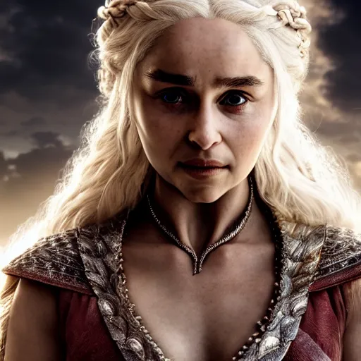 Image similar to khaleesi as a goddess in heaven, piercing eyes, portrait, highly detailed, realistic, realistic face, beautiful eyes, Daenerys Targaryen 8k, hd, cinematic