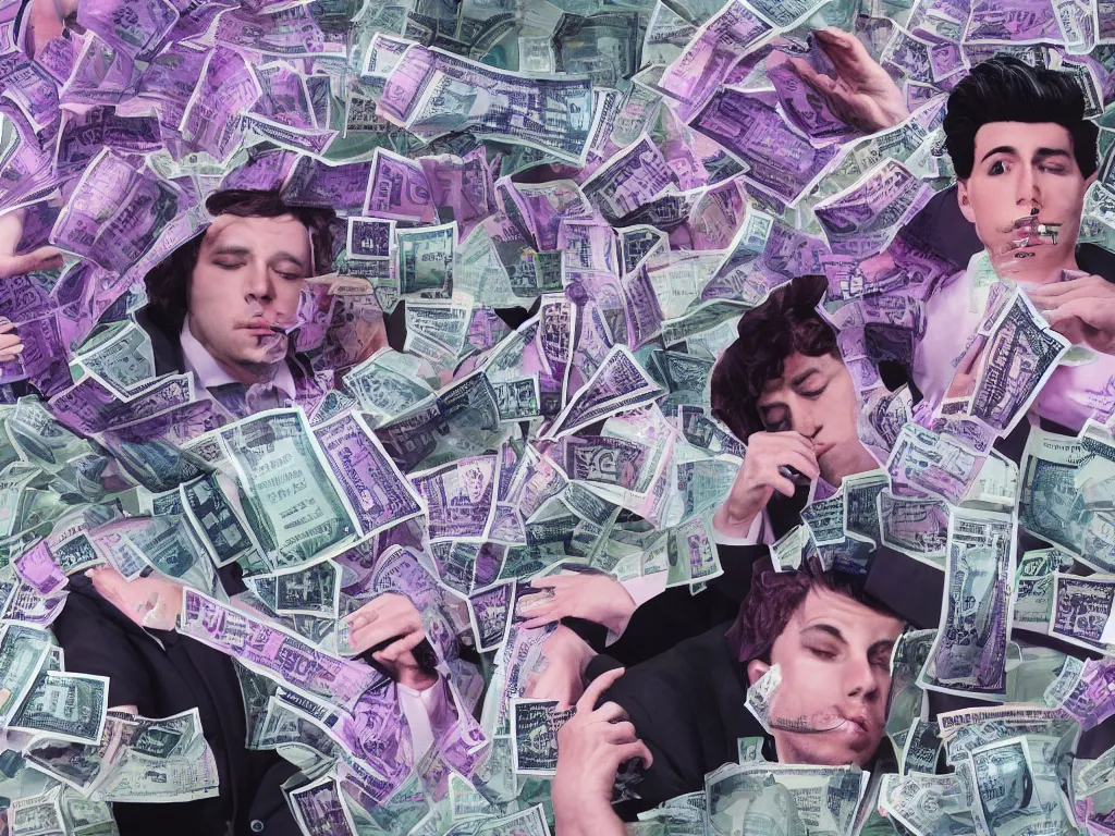 Image similar to vaporwave glitchy corrupt jpeg of corrupt businessmen bathing in money