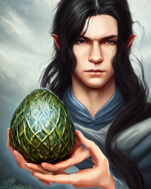 Prompt: portrait of elven boy mage with long black hair holding dragon egg by artgerm modern fantasy 4 k ultra high resolution