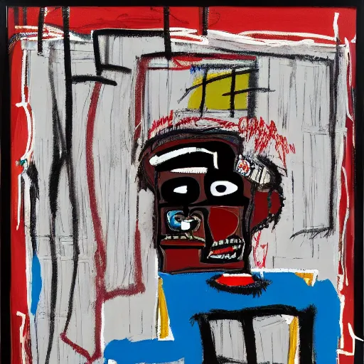 Prompt: Calm Morning. Sunlight is pouring through the window lighting the face of a sleepy man drinking from a red cup of coffee. Detailed and intricate brush lines , oil paint and spray paint, markers, paper collage, crayon and colour transfer on canvas. Painting by Basquiat, 1987