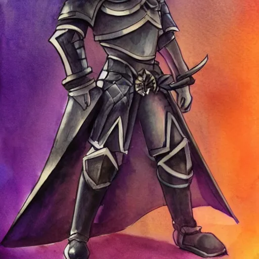 Prompt: watercolor, final fantasy tactics character design, knight wearing plate armor, knight wearing helmet, character portrait, evil, dark, moody, highly stylized, bisexual lighting