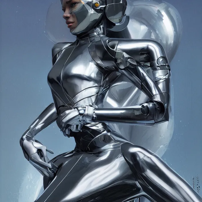 Image similar to aerodynamic princess cyborg, full body, high fashion, latex, urban, sharp, flowing, slick, highly detailed, motion, concept art, metallic, smooth, sharp focus, hd, art by greg rutkowski and alex grey and annie leibovitz