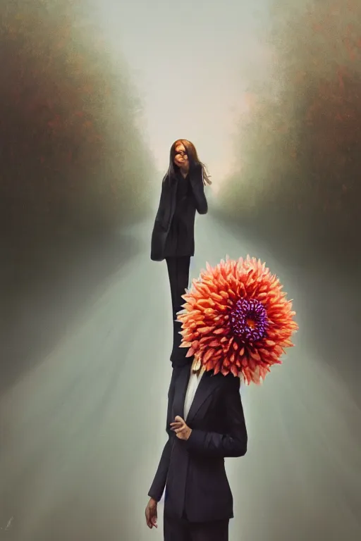 Image similar to closeup giant dahlia flower head, frontal, girl in a suit, standing in street, surreal photography, sunrise, dramatic light, impressionist painting, digital painting, artstation, simon stalenhag