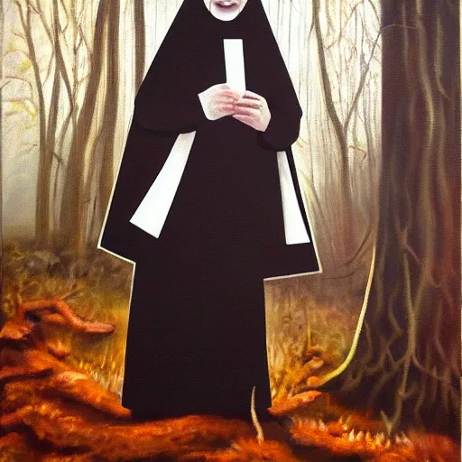 Prompt: oil painting of a creepy nun in the woods