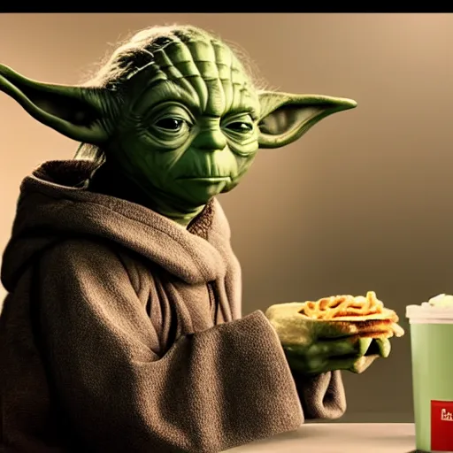 Prompt: A still of Yoda eating a Big Mac, 4k, photograph, ultra realistic, highly detailed, studio lighting