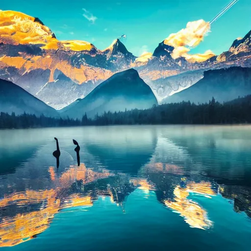 Image similar to photo of two black swans touching heads in a beautiful reflective mountain lake, a colorful hot air balloon is flying above reflecting off water, hot air balloon, intricate, 8k highly professionally detailed, centered, HDR, CGsociety