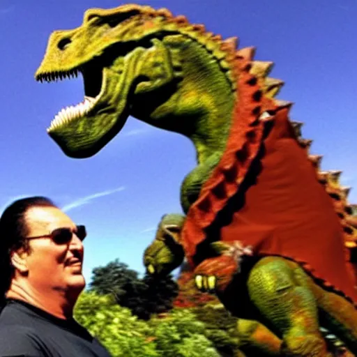 Image similar to Steven Seagal riding a dinosaur