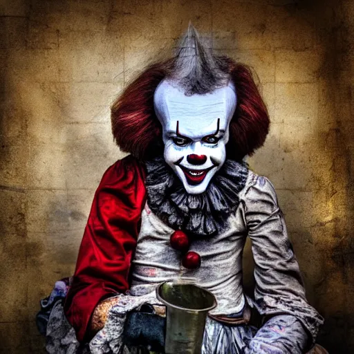 Image similar to Homeless portrait of Pennywise in scrappy clothing, HD, award winning photograph