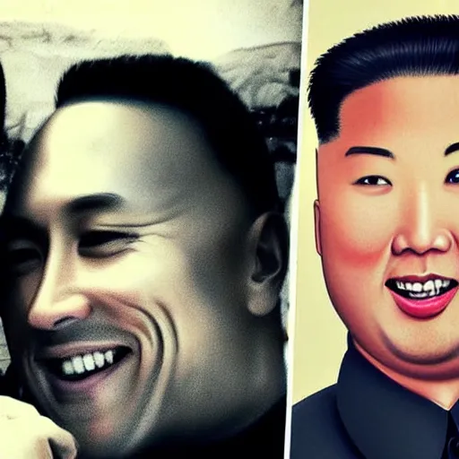 Image similar to dwayne the rock johnson and kim jong - un, selfie, phone photo,