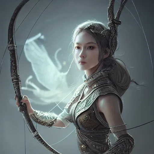 Image similar to beautiful extremely detailed intricate concept art depicting an archer by wlop. shining jewelry. grey atmosphere. particles in the background. bcy. net