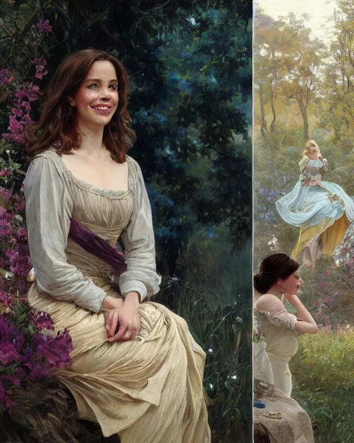 Prompt: a portrait painting of rachel lane, sabrina lloyd, perdita weeks, rachel mcadams, nicole de boer hybrid oil painting, smiling, elegant clothing, scenic background, extremely detailed and lifelike, artgerm, greg rutkowski, alphonse mucha, vladimir volegov, adolphe bouguereaum, jason edmiston, greg hildebrandt