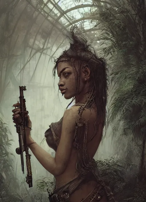 Image similar to portrait of a young very beautiful cute tribal woman with a steampunk gun, in a post apocalyptic city overgrown with lush vegetation, by Luis Royo, by Greg Rutkowski, dark, gritty, intricate, volumetric lighting, volumetric atmosphere, concept art, cover illustration, octane render, trending on artstation, 8k